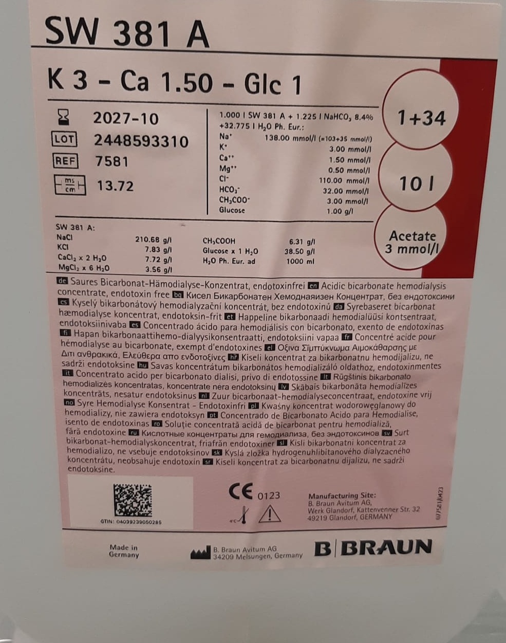 Кислотний бікарбонатний гемодіалізний концентрат SW 381 A (каністра 10 L)